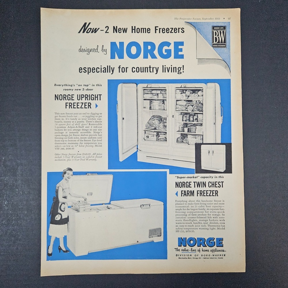 1953 Norge Twin Chest Farm Upright Freezer Vintage Print Ad Borg-Warner Chicago